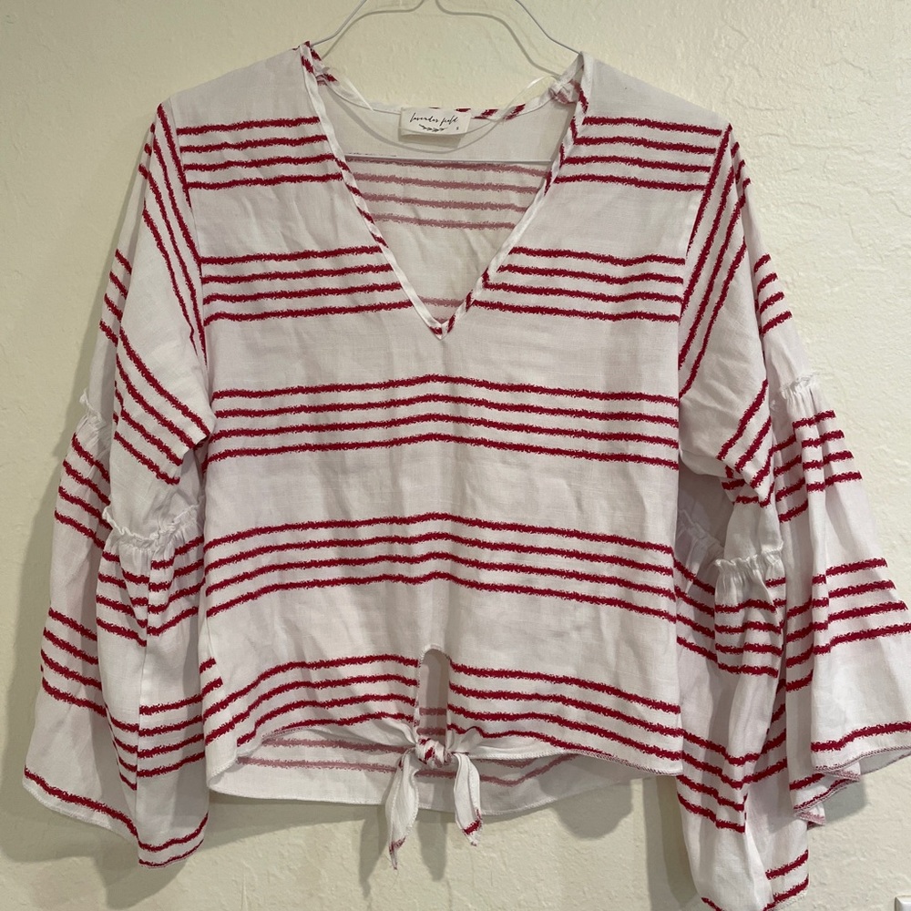 Lavender Field White Red Striped Bell Sleeve Top